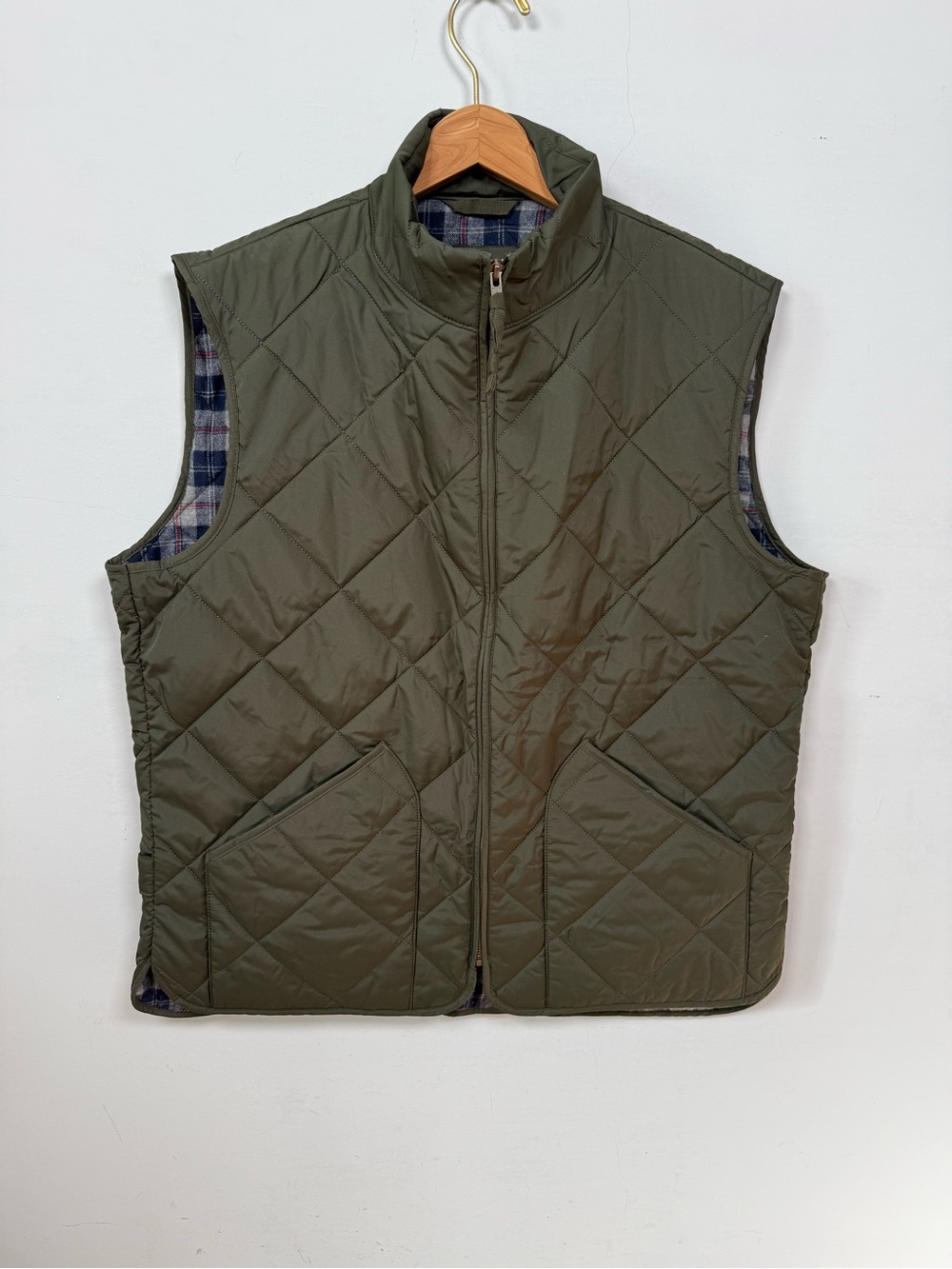J.Crew Mens Walker Quilted Vest L Large Olive Green Plaid Flannel Lined NWT